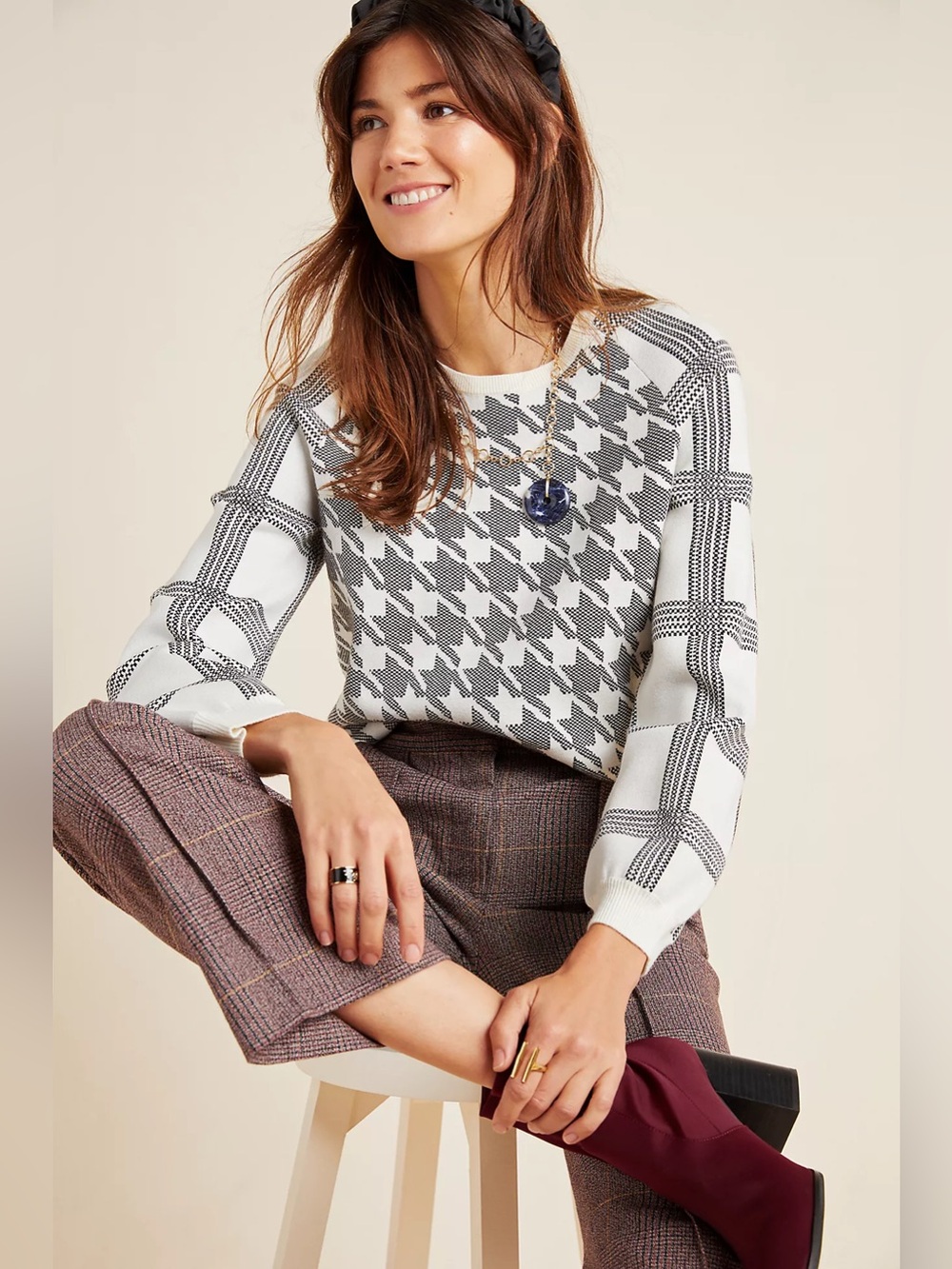 Anthropologie Bailey Pullover Womens Small Black White Houndstooth Plaid Sweater